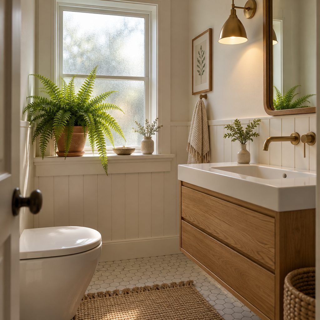 Boston fern in a terracotta pot on the sill of a frosted window in a small powder room with a warm brass sconce and an oak vanity