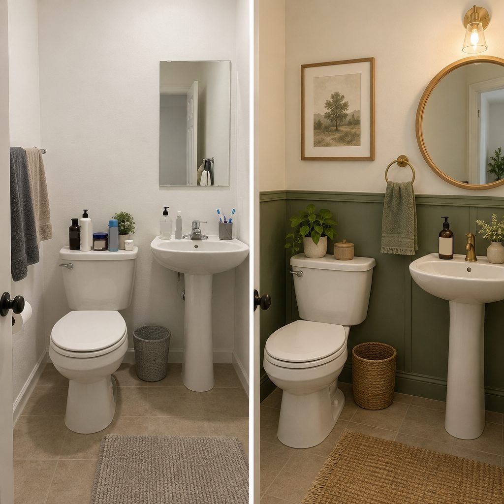 Before and after of the same powder room: plain white walls and cluttered bottles on the left, sage wainscoting, a round mirror, art and one hand towel on the right