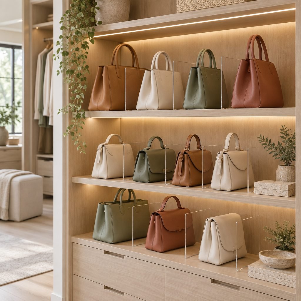 Purse storage ideas: walk-in closet shelves with handbags standing upright between clear acrylic dividers under warm LED lights