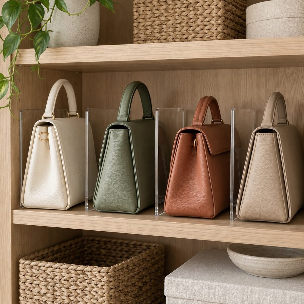 Close-up of four structured handbags standing upright on a white oak shelf between clear acrylic shelf dividers