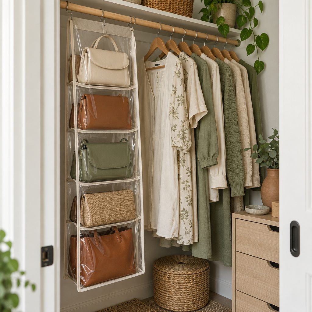 Hanging purse organizer with clear pockets on a closet rod holding five handbags next to hanging clothes
