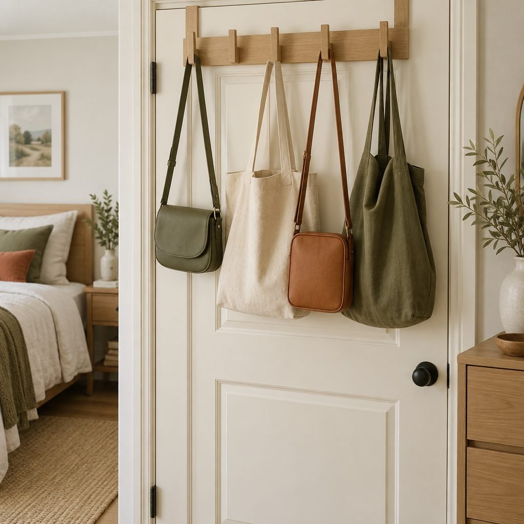 Wooden over-the-door hook rack on a cream bedroom door holding two crossbody bags and two canvas tote bags
