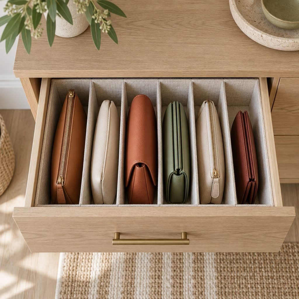 Open oak dresser drawer with fabric dividers holding clutches and wallets standing upright like files