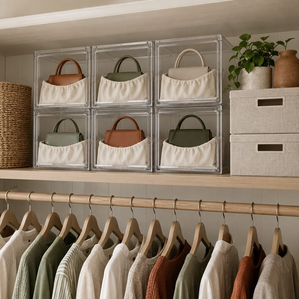 Clear drop-front boxes on a top closet shelf, each holding a small handbag in a cream dust bag