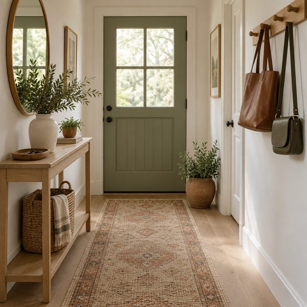 Narrow entryway with a wooden peg rail holding a leather tote and a crossbody bag above a slim console with a key tray