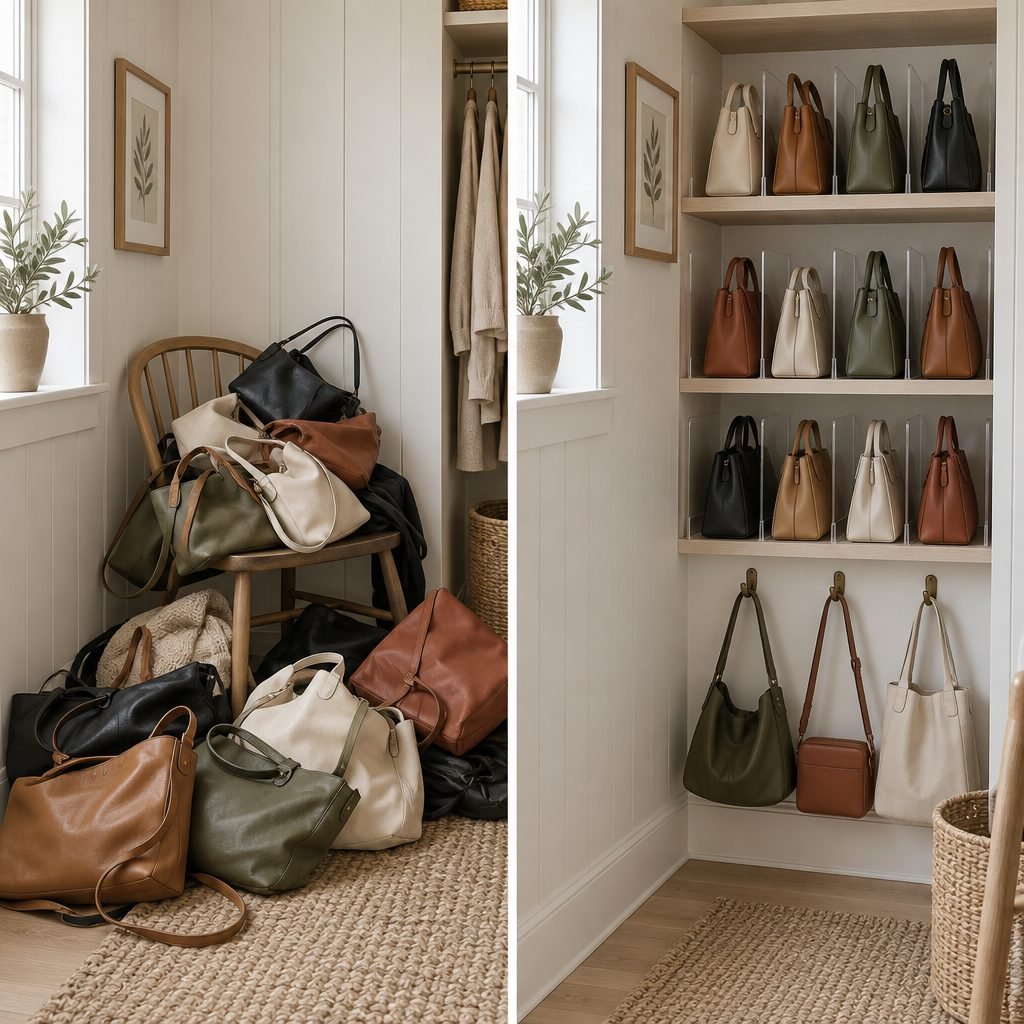 Purse storage before and after: a pile of handbags on a chair and floor, then the same corner with bags upright on shelves and hung on hooks