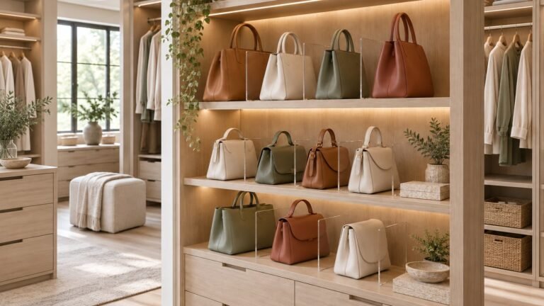 Purse storage ideas: handbags standing upright on lit closet shelves between clear acrylic dividers