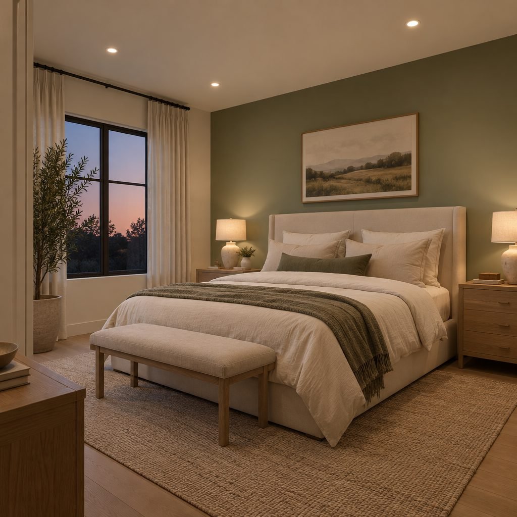 Bedroom at dusk with three recessed ceiling lights, an upholstered cream bed, a sage green accent wall and bedside lamps