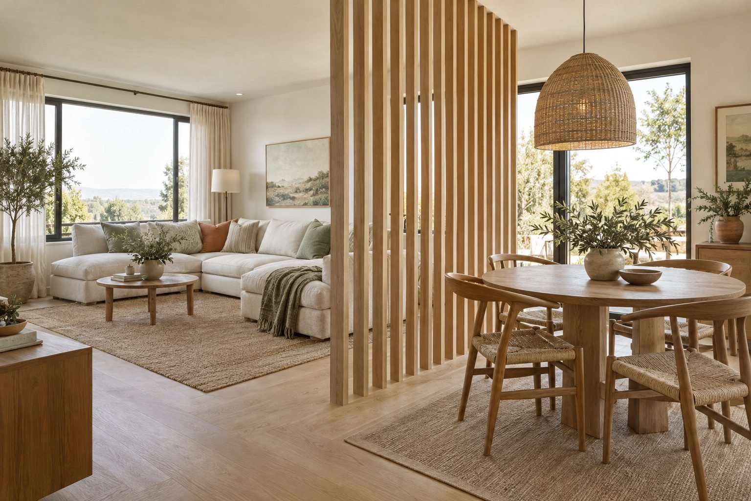 Room divider ideas: a floor-to-ceiling vertical oak slat partition separating a living room with a cream sofa from a dining area with a round oak table