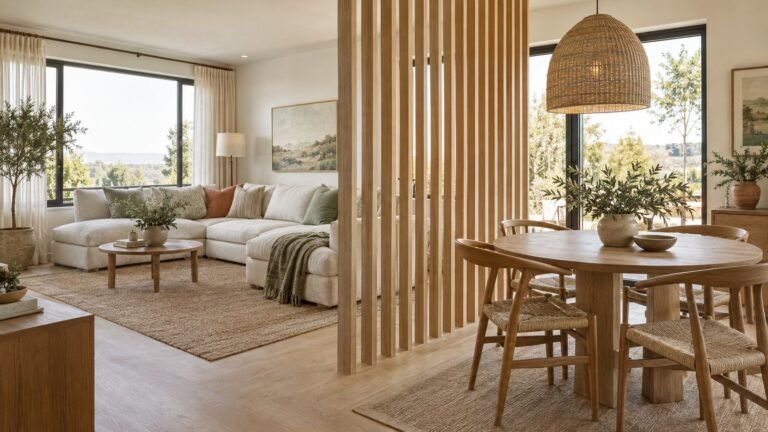 Room divider ideas: vertical oak slat partition between a living room and a dining area