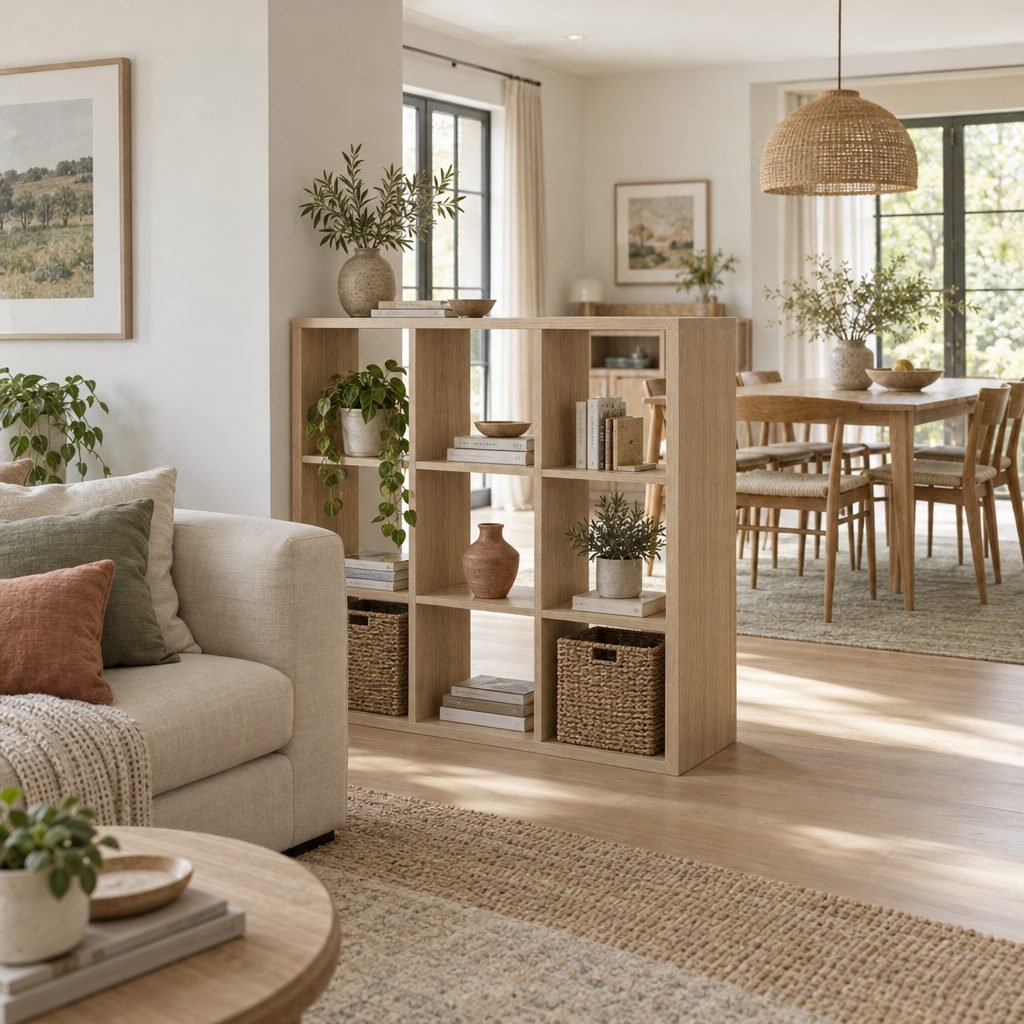 Chest-height open cube bookcase in white oak standing at a right angle to the wall as a divider between a living room and a dining area, with books, baskets and plants
