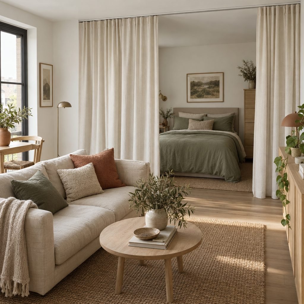 Studio apartment with floor-length cream linen curtains on a ceiling track half drawn around a bed with sage green bedding, a sofa in the foreground