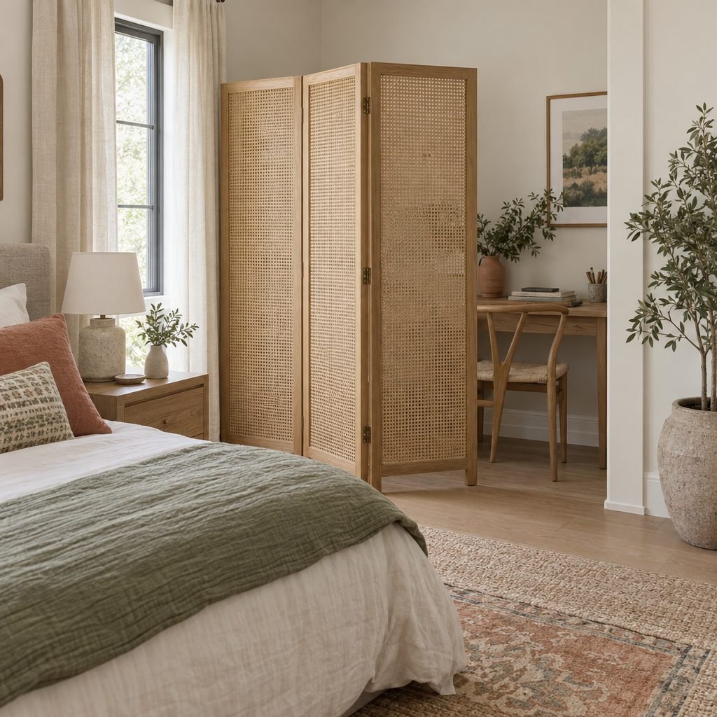 Three-panel oak and cane folding screen standing in a bedroom corner beside a small desk and chair