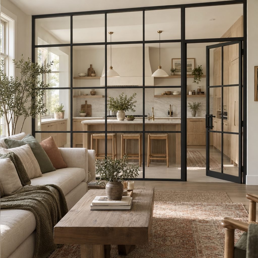 Black metal framed internal glass partition with a glazed door separating a compact kitchen from a living room with a sofa and rug
