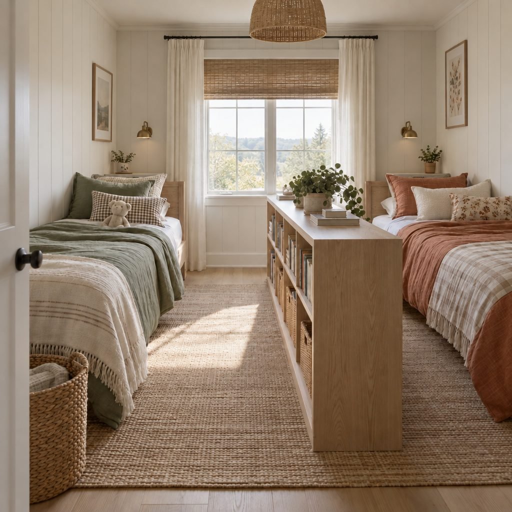 Shared children's bedroom with two single beds on opposite walls divided by a low open oak shelf unit holding books and baskets