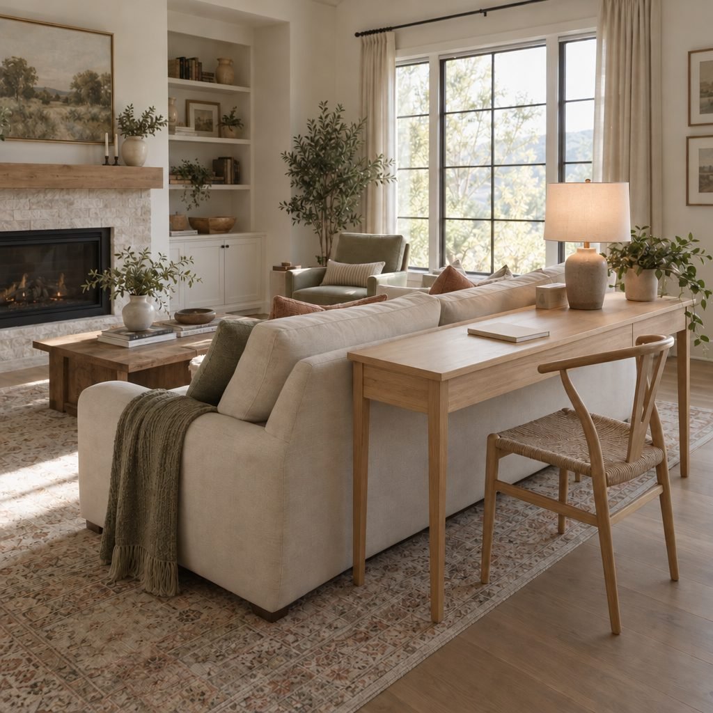 Narrow oak desk with a chair and table lamp placed directly behind a cream sofa as a small home office zone in a living room
