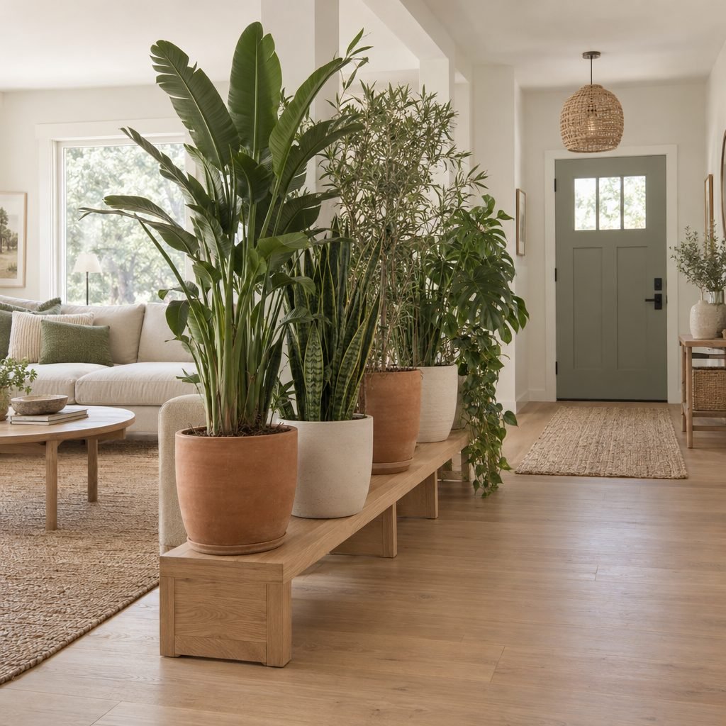 Row of tall potted plants in terracotta and cream pots on a low oak stand dividing a living area from the entry of a small apartment