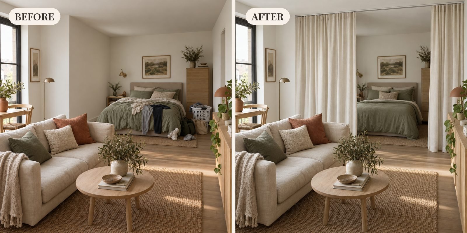 Studio apartment before and after: an unmade bed with clothes on show from the sofa on the left; the same room with a ceiling track curtain around the bed on the right