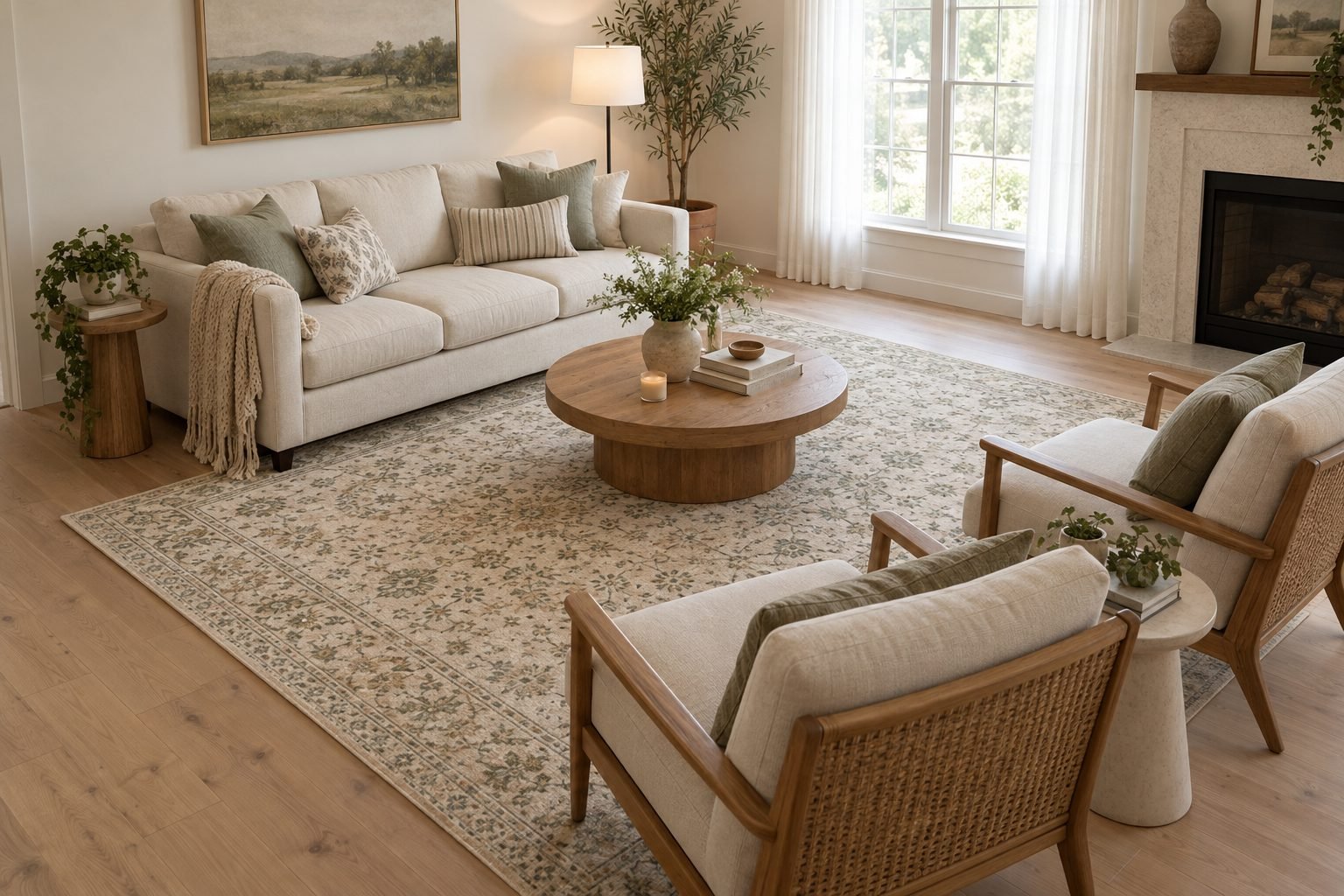 Rug size calculator: a living room with a large cream and sage rug under the front legs of the sofa and armchairs, a round coffee table on the rug and a border of bare oak floor to the walls