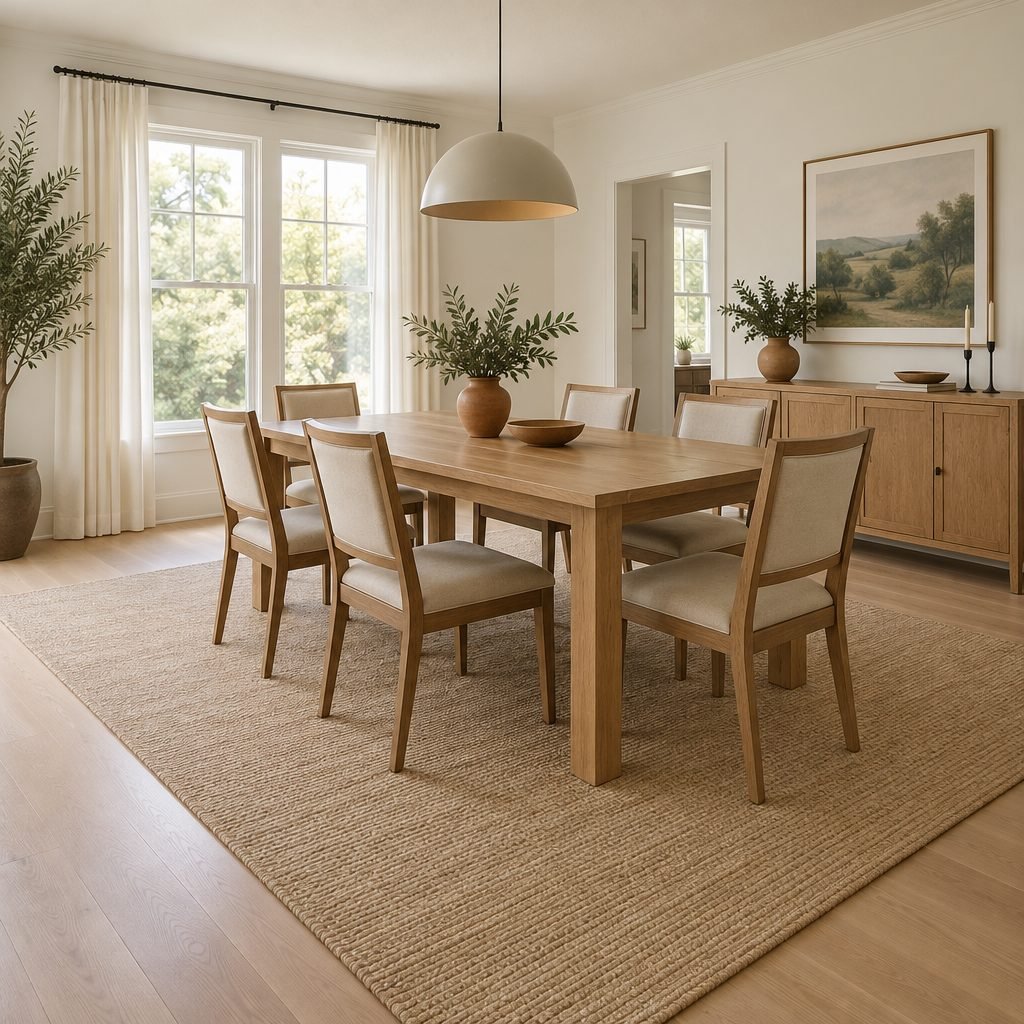 Dining table and six chairs on a large jute rug that extends well past the table so pulled-out chairs stay on the rug, with bare floor around it