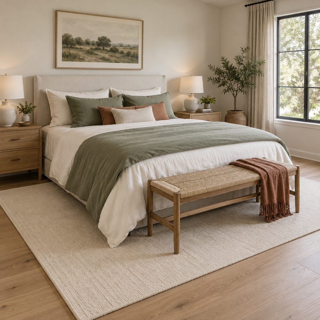 Queen bed with a large cream rug laid crosswise under the lower part of the bed, showing at the side and foot, with nightstands on the bare floor
