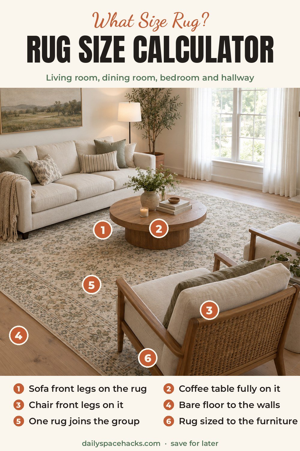 Rug size calculator: a living room rug mapped with numbered tips, sofa front legs on the rug, coffee table fully on it and bare floor to the walls