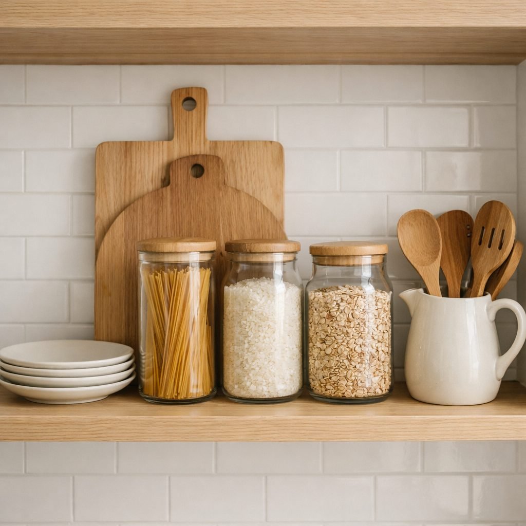 Open white oak kitchen shelf with a short stack of cream plates, three glass jars of pasta, rice and oats, two wooden cutting boards leaning at the back and a ceramic pitcher of wooden utensils against white tile