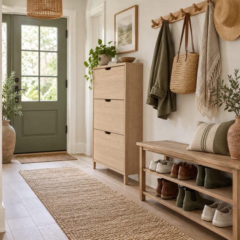 Shoe storage ideas: bright entryway with a slim white oak tilt-out shoe cabinet, a wooden bench with two shoe shelves holding sneakers and boots, and a peg rail with coats above