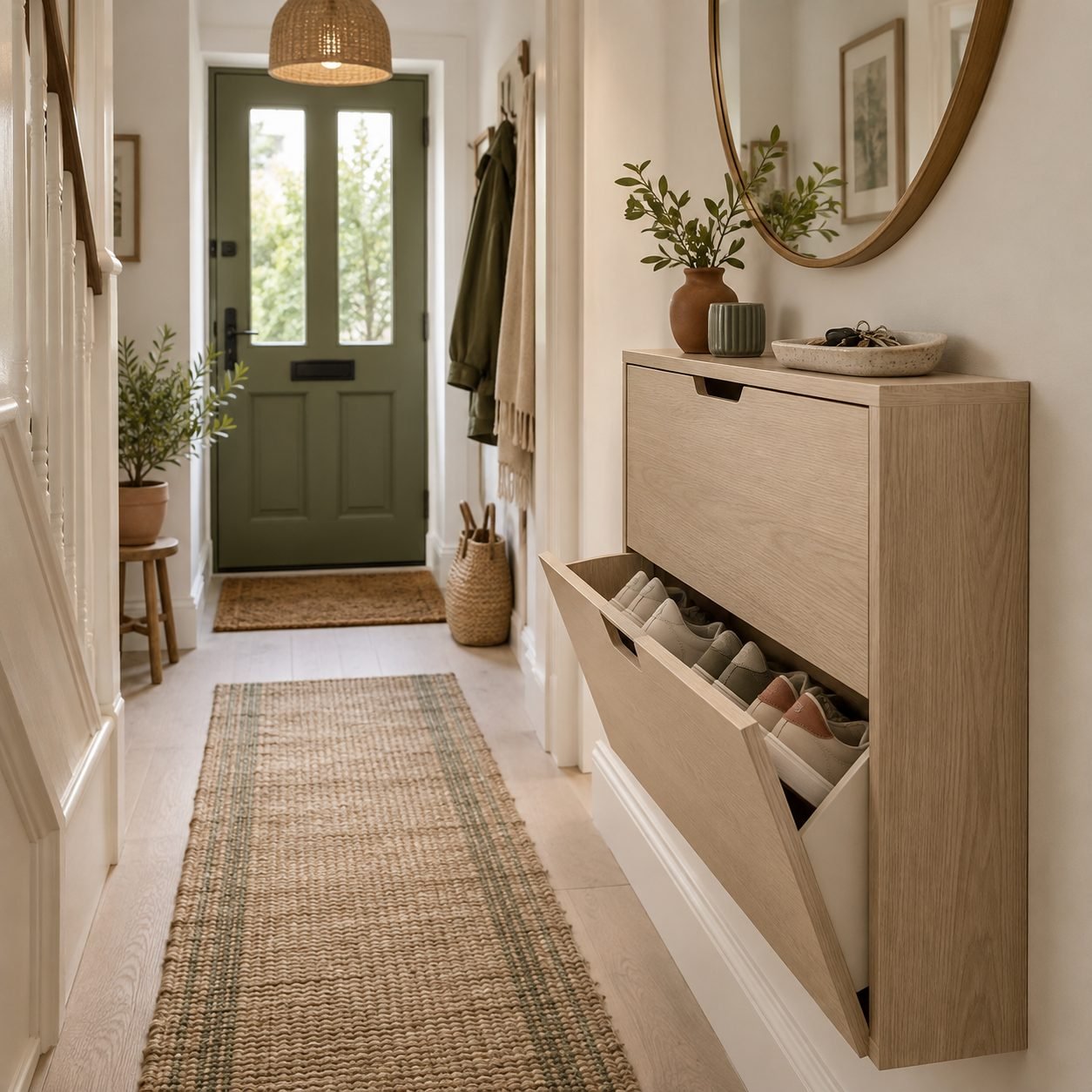Narrow hallway with a wall-mounted slim oak tilt-out shoe cabinet, one drawer open showing trainers stored at an angle, a key dish on top and a round mirror