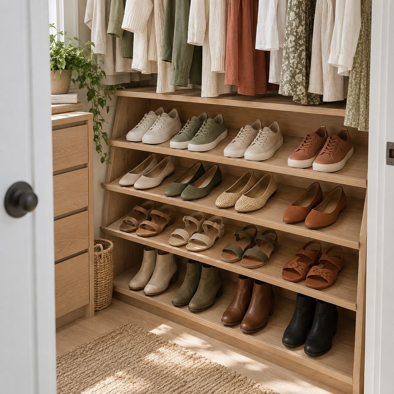 Angled wooden shoe shelves under hanging clothes in a closet, holding sneakers, flats, sandals and ankle boots in neat pairs