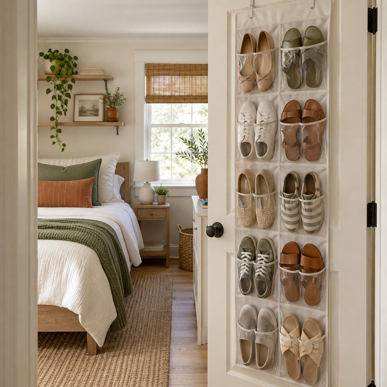 Over-the-door shoe organizer with clear pockets on a cream bedroom door holding flats, sandals and sneakers in pairs