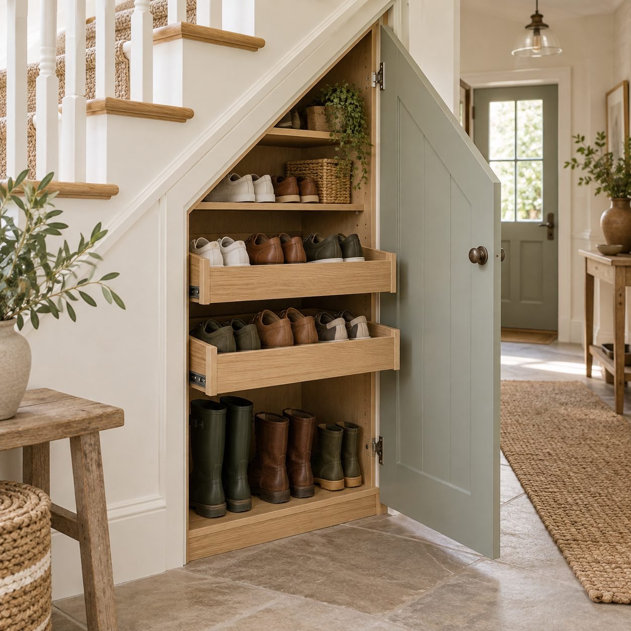 Under-stairs cupboard with a sage door open showing pull-out oak shoe drawers, a shelf of shoes and wellies and boots on the bottom