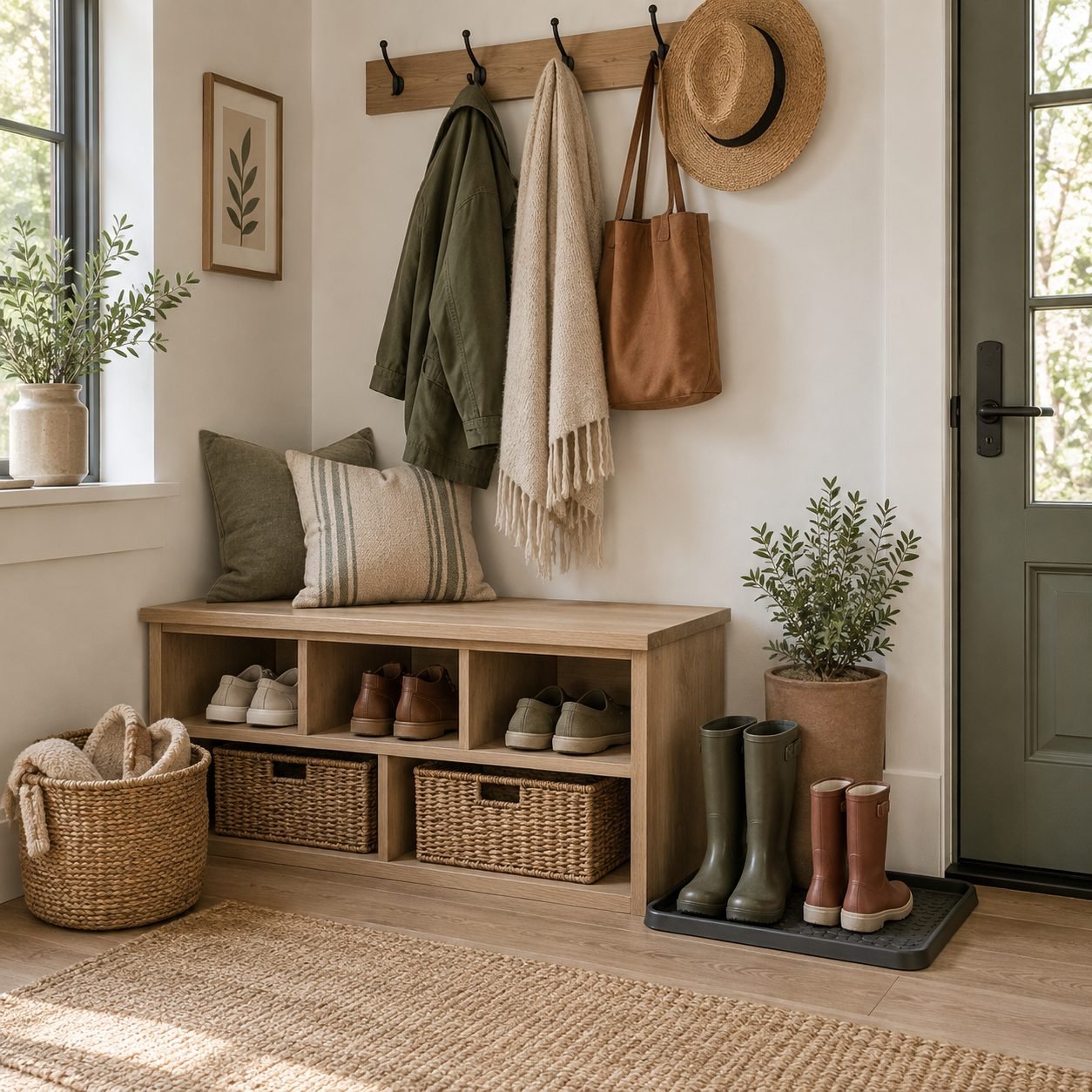 Entryway corner with an oak cubby bench holding shoes and woven baskets, a rubber boot tray with rain boots and wall hooks with a jacket, scarf and tote
