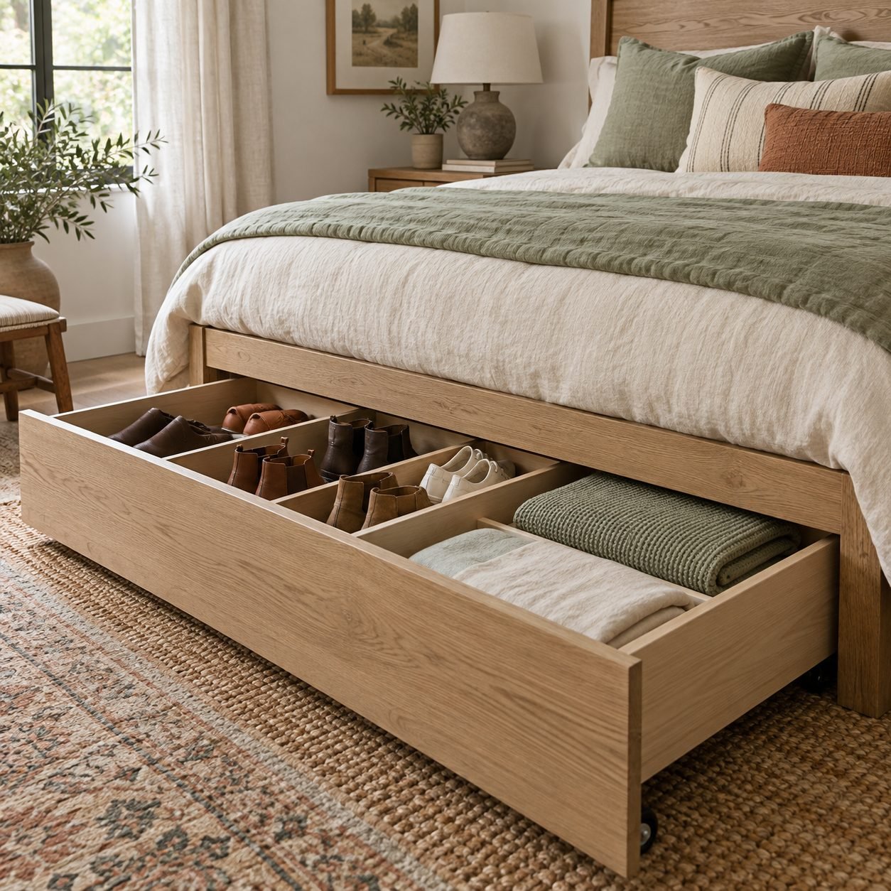 Rolling oak under-bed drawer pulled out from a bed, divided into compartments holding off-season shoes, boots and folded throws