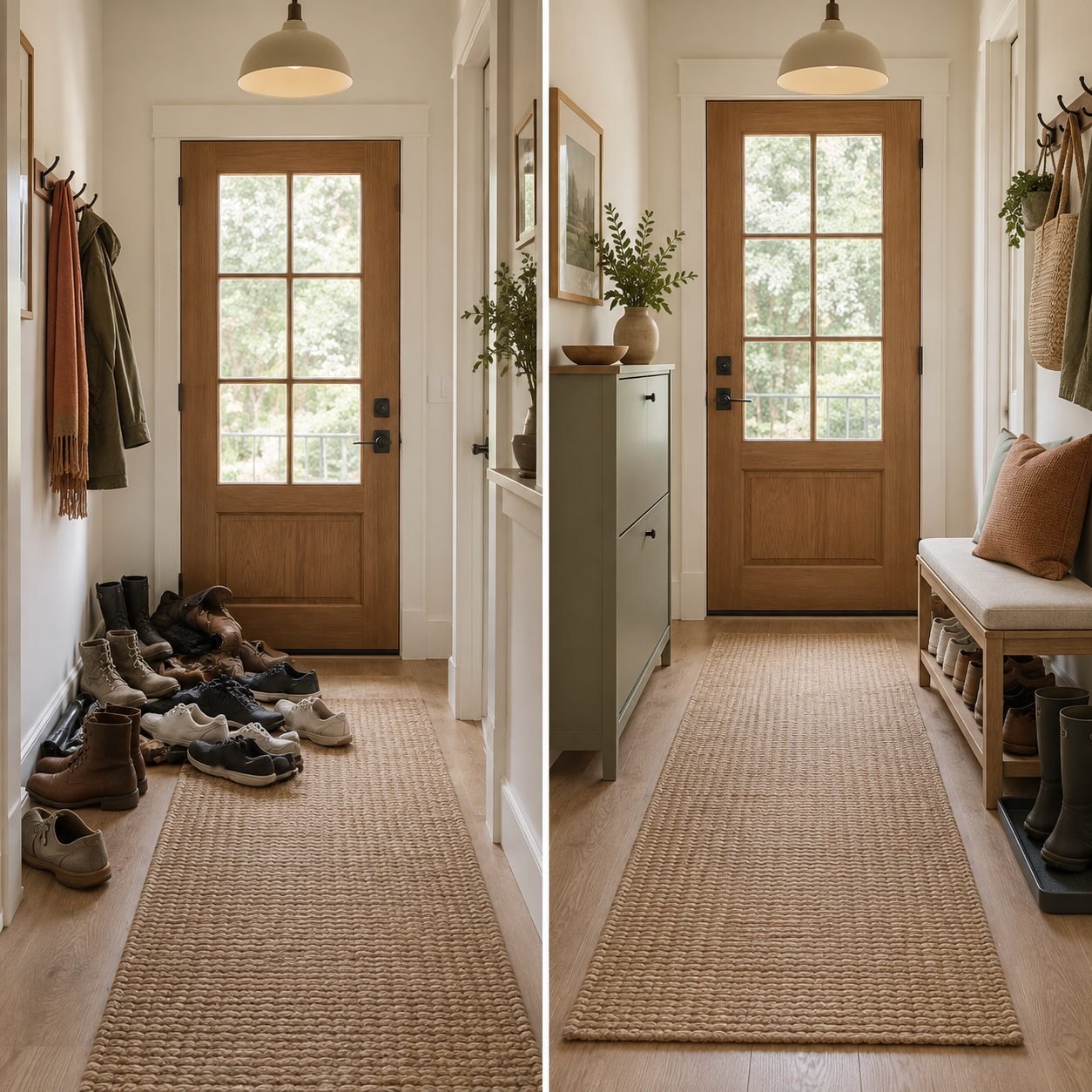 Shoe storage before and after: a pile of shoes and boots by the front door, then the same hallway with a slim shoe cabinet, a bench with shoe shelves and a boot tray
