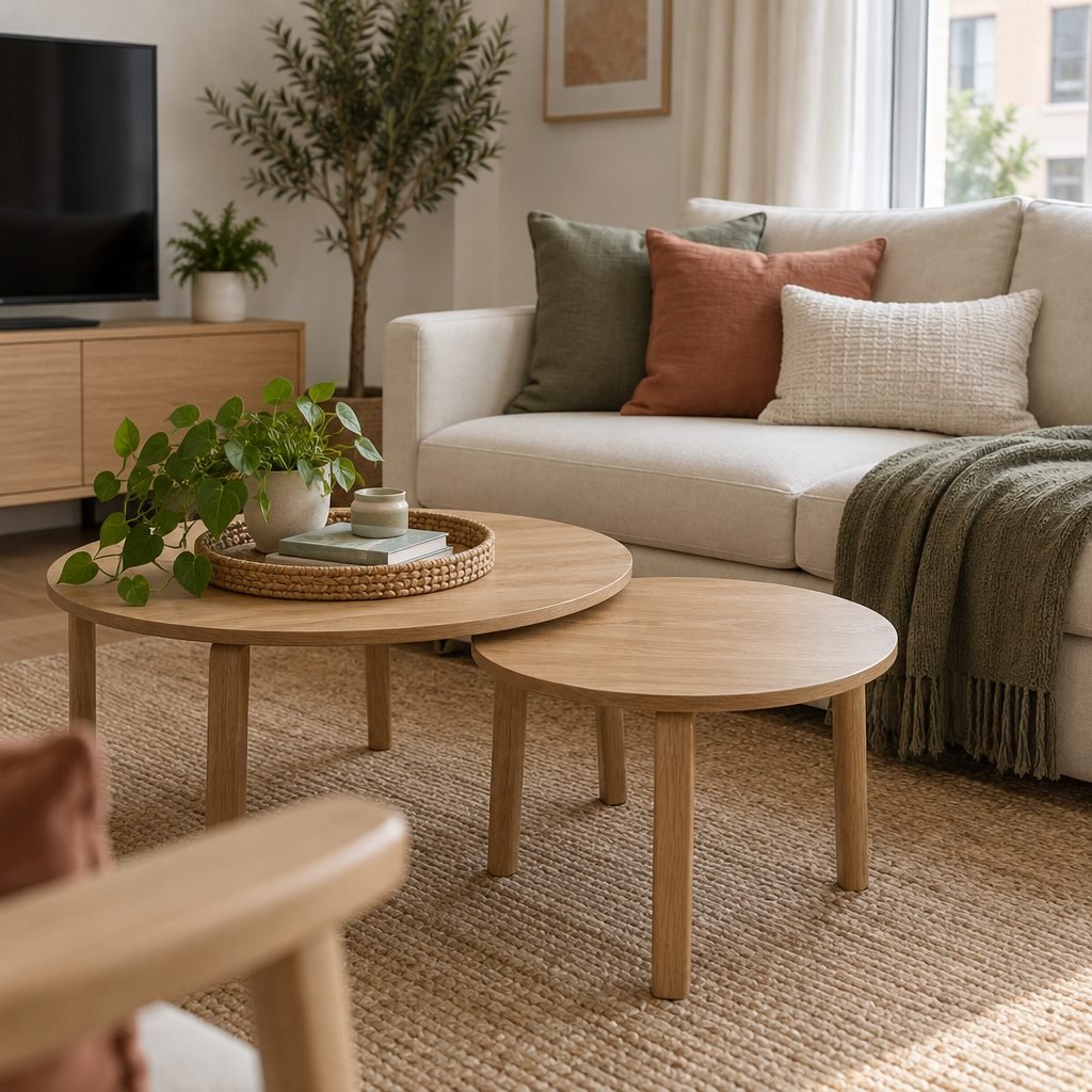 Two round oak nesting coffee tables on a jute rug in front of a cream sofa with colorful throw pillows