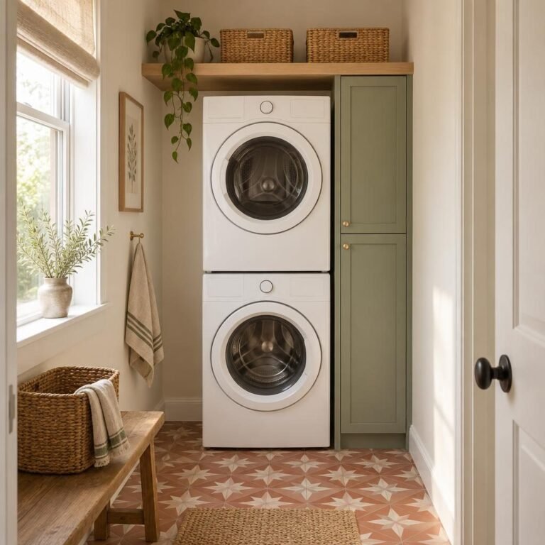 Small laundry room ideas: stacked white washer and dryer beside a tall slim sage green cabinet, an oak shelf with baskets above and terracotta patterned floor tiles