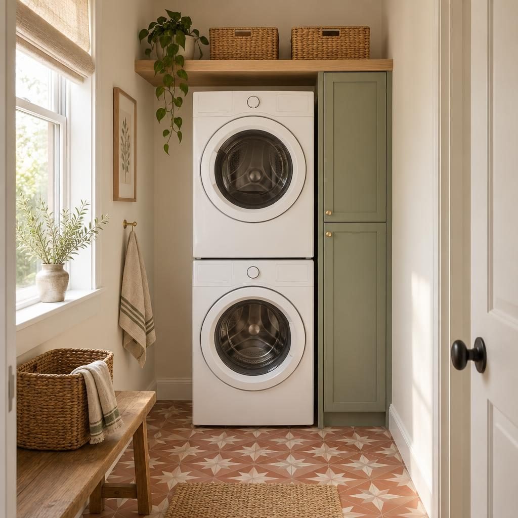 Small laundry room ideas: stacked white washer and dryer beside a tall slim sage green cabinet, an oak shelf with baskets above and terracotta patterned floor tiles