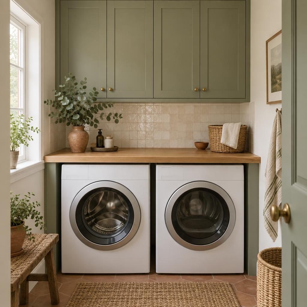 Small laundry room with sage green upper cabinets, a cream tile backsplash and a white oak counter over a front-loading washer and dryer