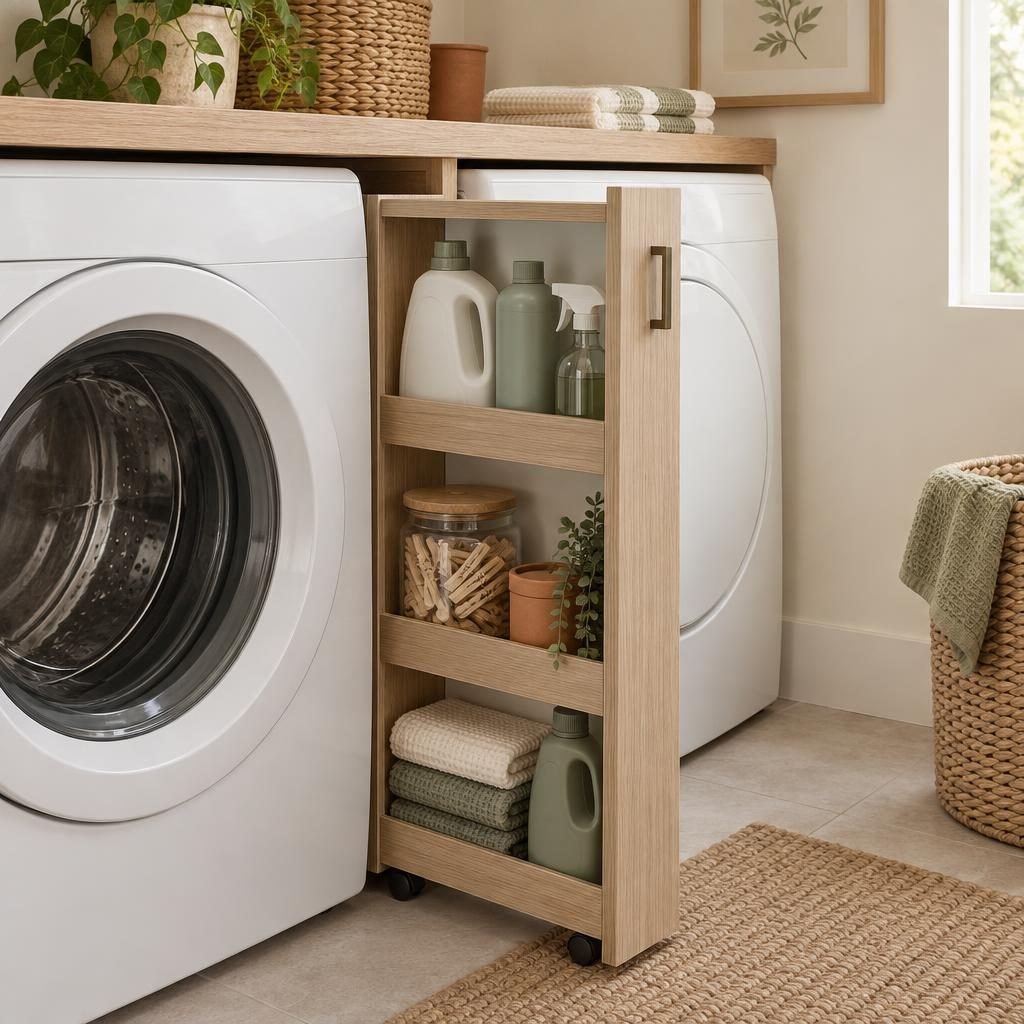 Slim oak pull-out cart on wheels sliding out from the gap between a washer and dryer, holding detergent bottles, a jar of clothespins and folded cloths