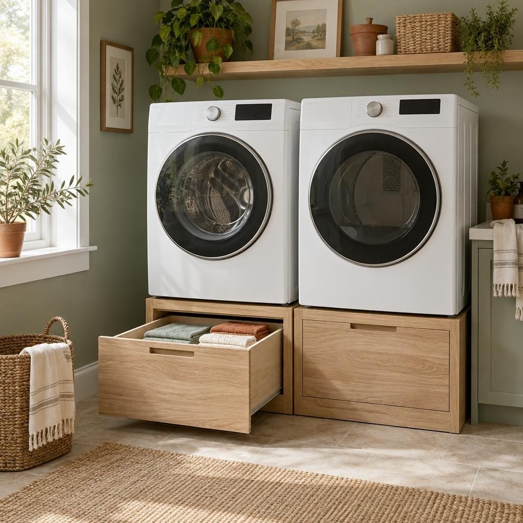 Front-loading washer and dryer raised on white oak pedestal drawers, one drawer open with folded towels, under a floating shelf on a sage green wall