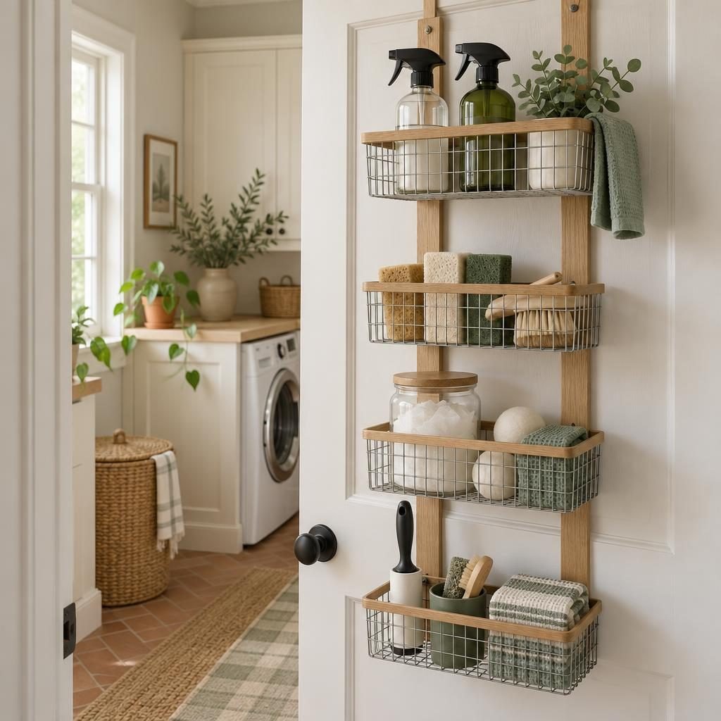 Over-the-door organizer with oak and wire baskets holding spray bottles, sponges, dryer balls and a lint roller on the back of a laundry room door
