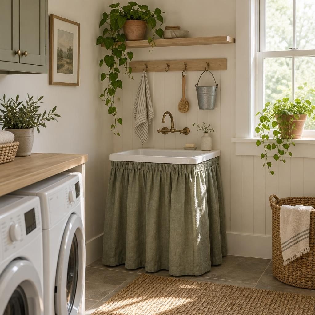 Compact laundry utility sink hidden by a sage green linen sink skirt, with a wall rail of hooks holding a brush and a small bucket