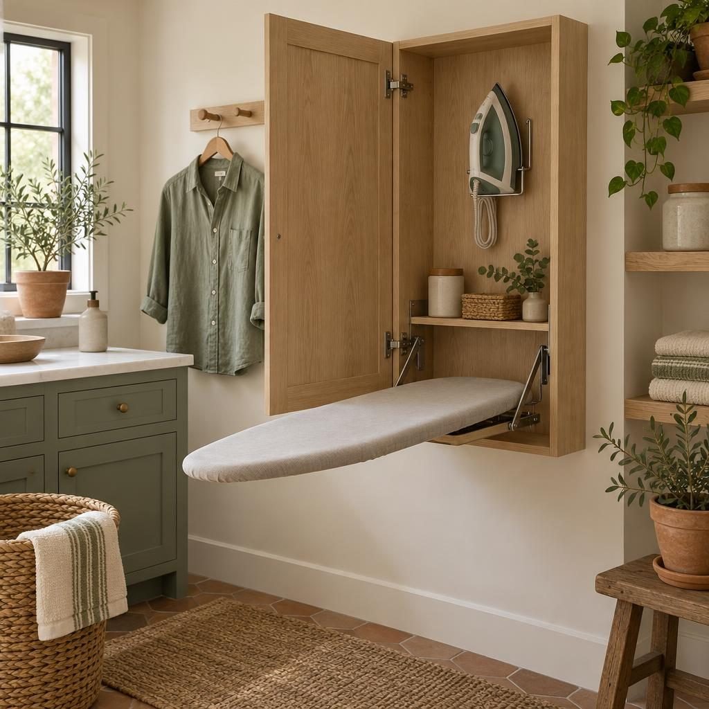 Wall-mounted fold-down ironing board in a shallow white oak cabinet with an iron on a holder inside, in a small laundry room