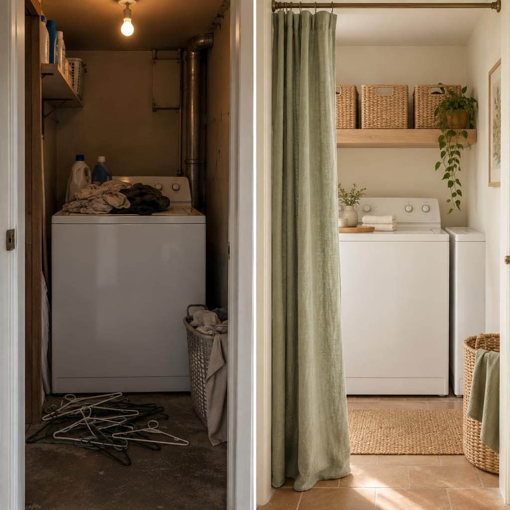 Small laundry nook before and after: a dark cluttered nook with clothes on the washer and hangers on the floor next to the same nook with cream walls, an oak shelf with baskets and a sage linen curtain