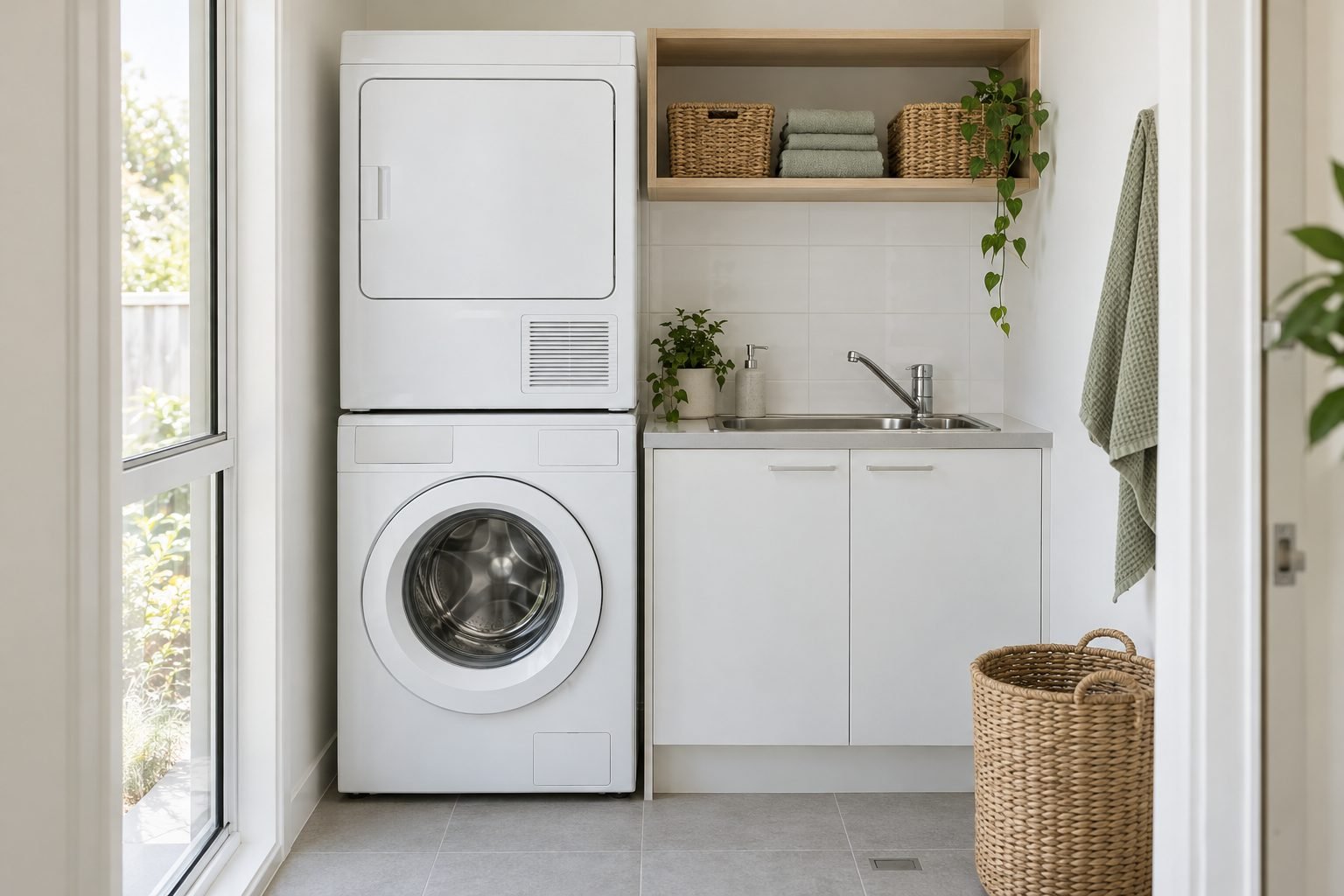 Small laundry ideas: a white front-loading washer with a dryer stacked on top next to a stainless steel sink in a white cabinet, with an oak open shelf above