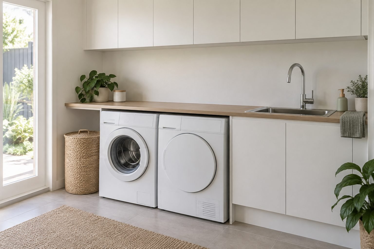 A white front-loading washer and dryer side by side under a continuous light oak benchtop, with a stainless tub and gooseneck tap at the right end and white overhead cupboards