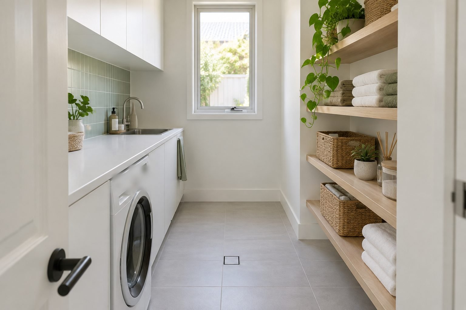 A narrow galley laundry with a white front-loading washer and stainless tub under a white benchtop on the left, light oak open shelves with towels and baskets on the right and a window at the far end