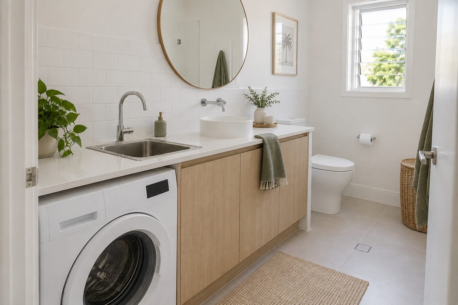 A small white bathroom with a front-loading washer under a white stone benchtop, a separate stainless laundry tub with its own tap, a round basin and a round mirror