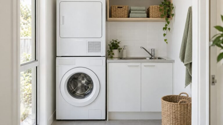 Small laundry ideas: a stacked washer and dryer beside a stainless sink in a small white laundry